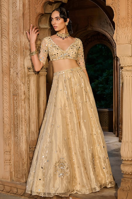 Shop_Zoon_Gold Net, , Tissue, Organza Embroidery, Mirrors, Aari Hand Lehenga Set _Online_at_Aza_Fashions