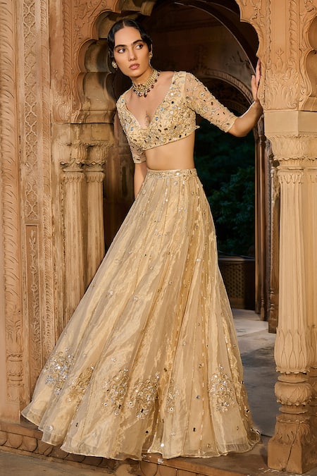 Zoon_Gold Net, , Tissue, Organza Embroidery, Mirrors, Aari Hand Lehenga Set _at_Aza_Fashions