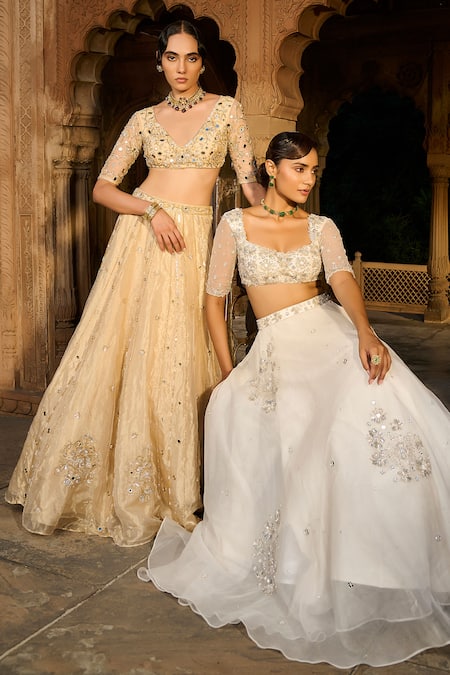 Buy_Zoon_Gold Net, , Tissue, Organza Embroidery, Mirrors, Aari Hand Lehenga Set 