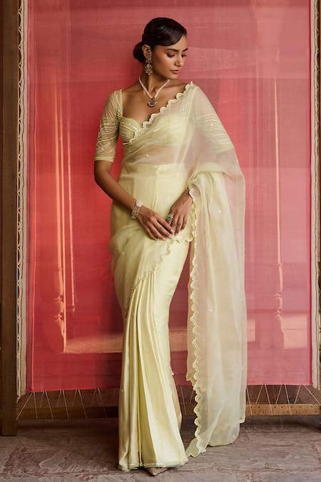 Zoon_Lime Satin, Silk Organza, Net Embroidery, Cut Aari Pre-draped Saree With Blouse _Online_at_Aza_Fashions