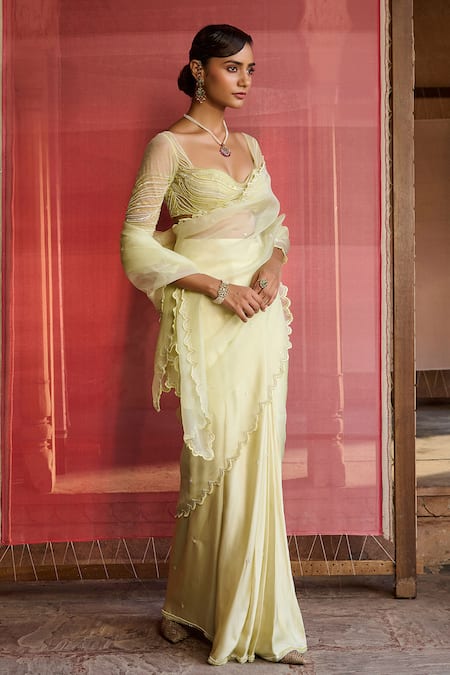 Buy_Zoon_Lime Satin, Silk Organza, Net Embroidery, Cut Aari Pre-draped Saree With Blouse _Online_at_Aza_Fashions