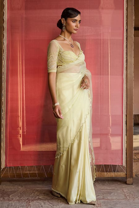 Shop_Zoon_Lime Satin, Silk Organza, Net Embroidery, Cut Aari Pre-draped Saree With Blouse _Online_at_Aza_Fashions