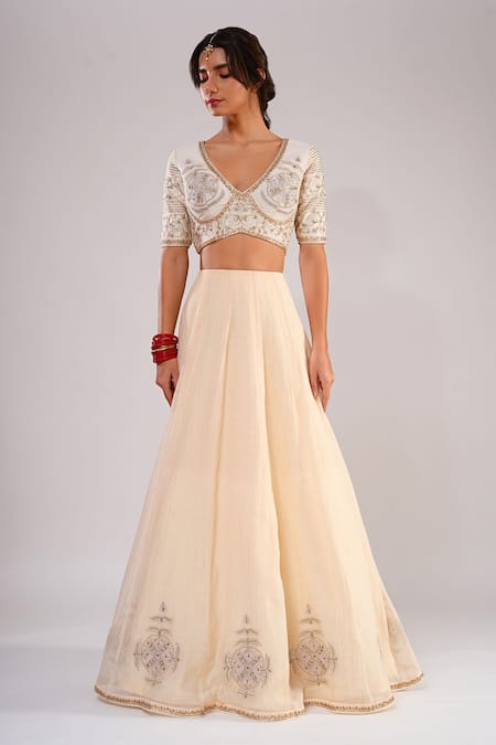 Kalakari By Akanksha_Cream , Chanderi, Organza Embroidery, Sitabo Machine Lehenga Set _Online_at_Aza_Fashions