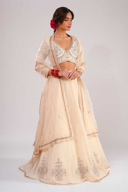 Shop_Kalakari By Akanksha_Cream , Chanderi, Organza Embroidery, Sitabo Machine Lehenga Set _Online_at_Aza_Fashions