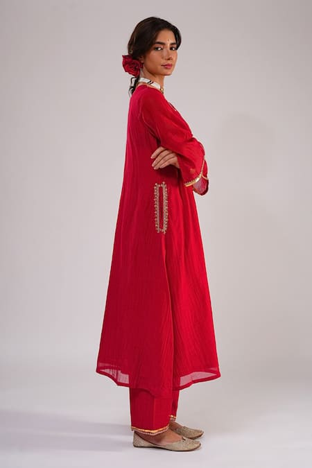 Buy_Kalakari By Akanksha_Red Chanderi , Organza Embroidery, Piping, Zari Gulabo Kurta Set _Online_at_Aza_Fashions