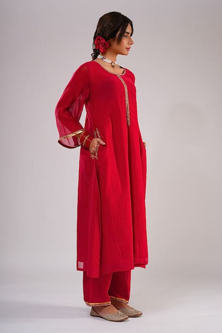 Shop_Kalakari By Akanksha_Red Chanderi , Organza Embroidery, Piping, Zari Gulabo Kurta Set _Online_at_Aza_Fashions