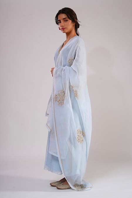 Kalakari By Akanksha_Sky Blue Silk, Chanderi, Cotton, Organza Angrakha Kurta Churidar And Dupatta Set _Online_at_Aza_Fashions