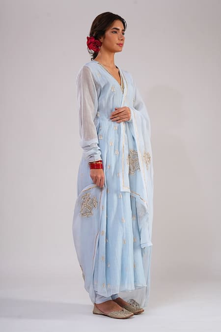 Shop_Kalakari By Akanksha_Sky Blue Silk, Chanderi, Cotton, Organza Angrakha Kurta Churidar And Dupatta Set _Online_at_Aza_Fashions