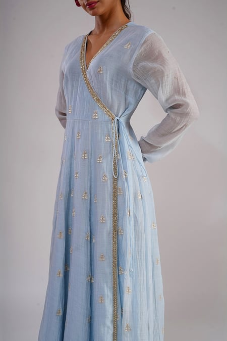 Kalakari By Akanksha_Sky Blue Silk, Chanderi, Cotton, Organza Angrakha Kurta Churidar And Dupatta Set _at_Aza_Fashions