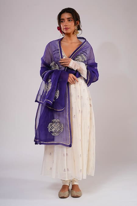 Buy_Kalakari By Akanksha_Ivory Silk, Chanderi, Cotton, Organza Ada Anarkali Churidar Dupatta Set _Online_at_Aza_Fashions