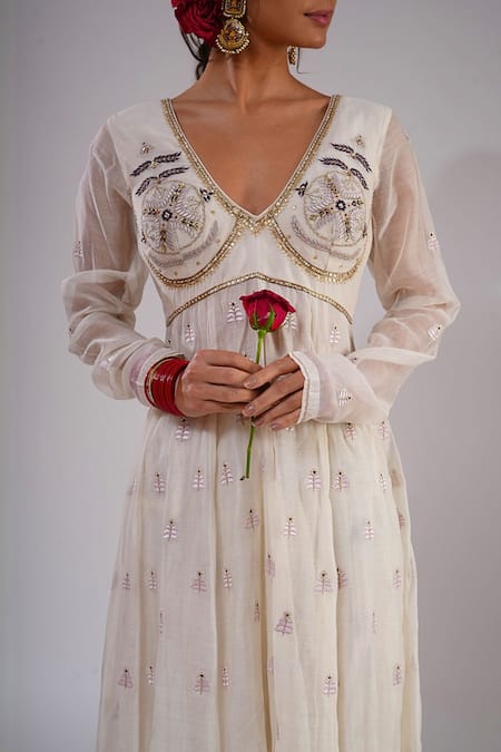 Shop_Kalakari By Akanksha_Ivory Silk, Chanderi, Cotton, Organza Ada Anarkali Churidar Dupatta Set _Online_at_Aza_Fashions