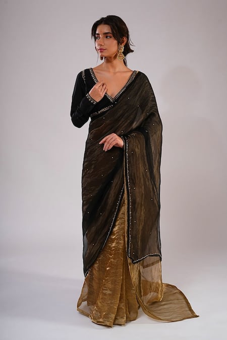 Kalakari By Akanksha_Black Organza, Tissue, Chanderi Silk Embroidery V-neck, Begum Saree And Blouse _Online_at_Aza_Fashions