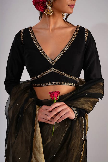 Buy_Kalakari By Akanksha_Black Organza, Tissue, Chanderi Silk Embroidery V-neck, Begum Saree And Blouse _Online_at_Aza_Fashions
