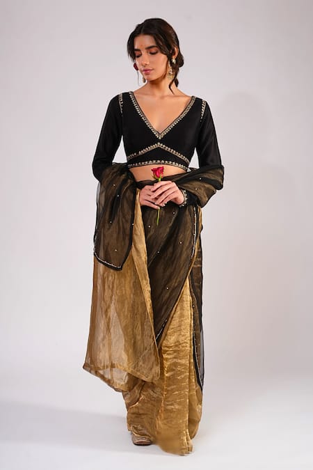 Shop_Kalakari By Akanksha_Black Organza, Tissue, Chanderi Silk Embroidery V-neck, Begum Saree And Blouse _Online_at_Aza_Fashions