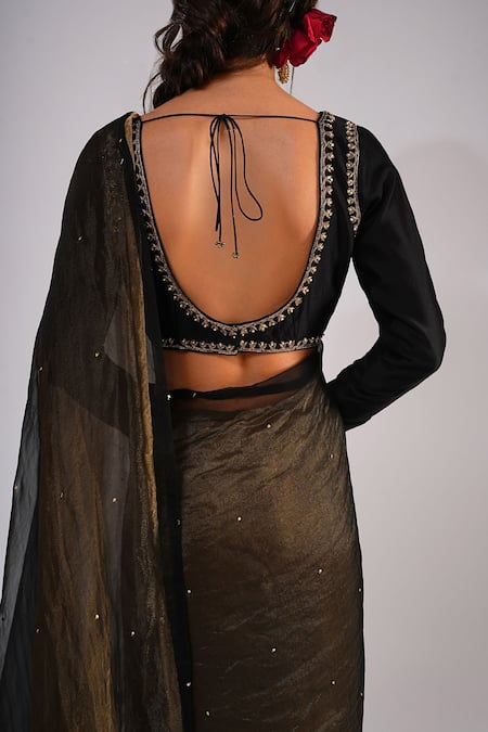 Buy_Kalakari By Akanksha_Black Organza, Tissue, Chanderi Silk Embroidery V-neck, Begum Saree And Blouse 