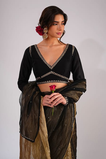 Shop_Kalakari By Akanksha_Black Organza, Tissue, Chanderi Silk Embroidery V-neck, Begum Saree And Blouse 