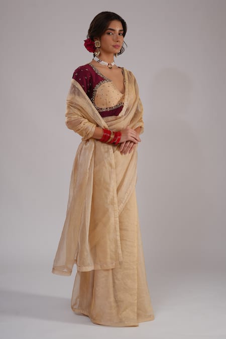 Kalakari By Akanksha_Gold Organza, Tissue, Silk, Chanderi Embroidery Nazaakat Saree And Hand Blouse _Online_at_Aza_Fashions