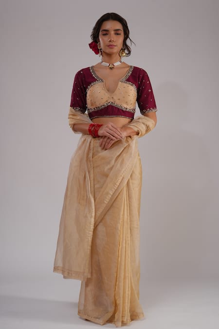 Buy_Kalakari By Akanksha_Gold Organza, Tissue, Silk, Chanderi Embroidery Nazaakat Saree And Hand Blouse _Online_at_Aza_Fashions