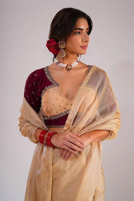 Buy_Kalakari By Akanksha_Gold Organza, Tissue, Silk, Chanderi Embroidery Nazaakat Saree And Hand Blouse 