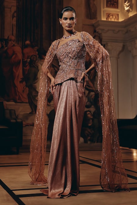 Adaara Couture_Rose Gold Net, Satin, Crepe Sequins Square Embellished Saree Gown With Cape _Online_at_Aza_Fashions
