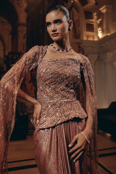 Buy_Adaara Couture_Rose Gold Net, Satin, Crepe Sequins Square Embellished Saree Gown With Cape _Online_at_Aza_Fashions