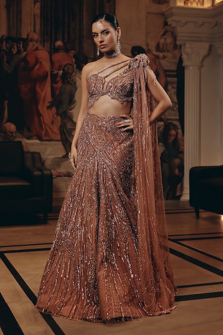 Adaara Couture Embellished One Shoulder Blouse & Fishcut Lehenga 