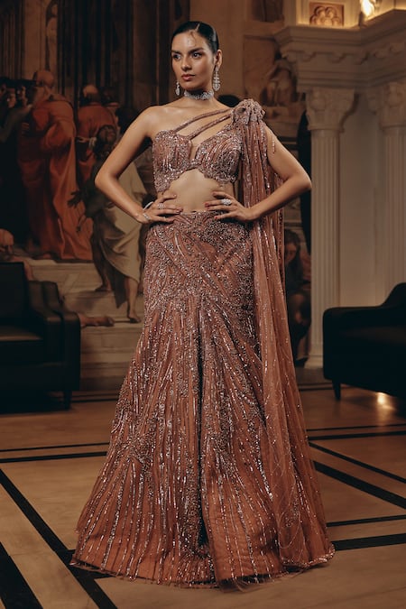 Adaara Couture_Rose Gold Net, Silk Sequins, Beads, Embellished Blouse And Fishcut Lehenga _Online_at_Aza_Fashions