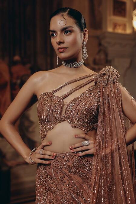 Buy_Adaara Couture_Rose Gold Net, Silk Sequins, Beads, Embellished Blouse And Fishcut Lehenga _Online_at_Aza_Fashions