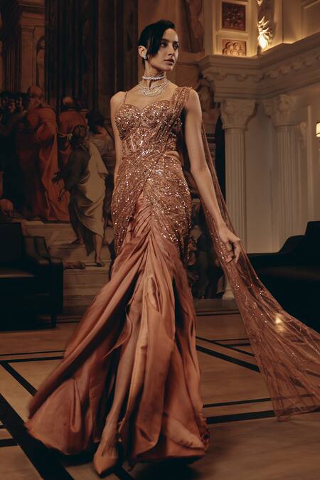 Adaara Couture_Rose Gold Net, Satin, Organza, Silk Sequins, Embellished Drape Saree Gown _Online_at_Aza_Fashions