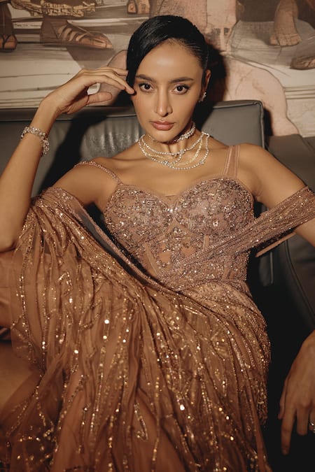 Buy_Adaara Couture_Rose Gold Net, Satin, Organza, Silk Sequins, Embellished Drape Saree Gown 