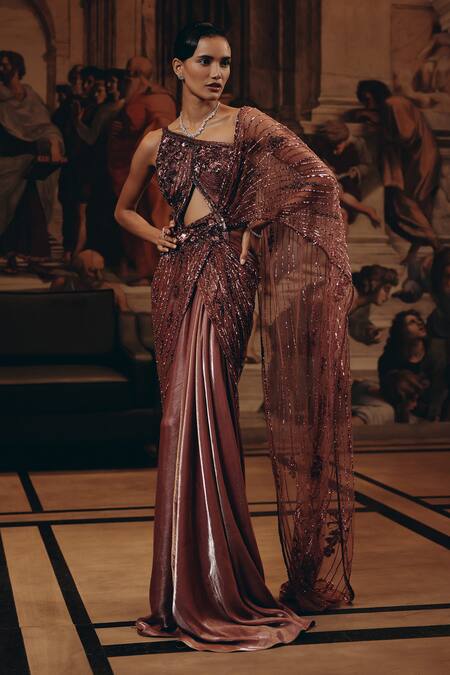 Adaara Couture_Pink Net, Satin, Crepe Sequins, Embellished Saree Gown With Cut-out Detail _Online_at_Aza_Fashions