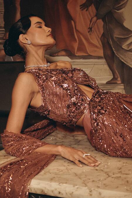 Buy_Adaara Couture_Pink Net, Satin, Crepe Sequins, Embellished Saree Gown With Cut-out Detail _Online_at_Aza_Fashions