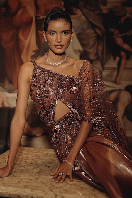 Shop_Adaara Couture_Pink Net, Satin, Crepe Sequins, Embellished Saree Gown With Cut-out Detail _Online_at_Aza_Fashions