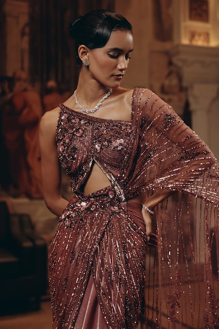 Adaara Couture_Pink Net, Satin, Crepe Sequins, Embellished Saree Gown With Cut-out Detail _at_Aza_Fashions
