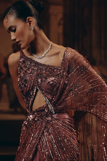 Shop_Adaara Couture_Pink Net, Satin, Crepe Sequins, Embellished Saree Gown With Cut-out Detail 