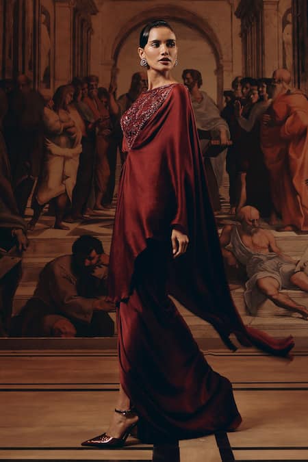 Adaara Couture_Burgundy Satin, Chiffon Embroidery, Sequins, Beads Boat Net And Kaftan With Cape _Online_at_Aza_Fashions