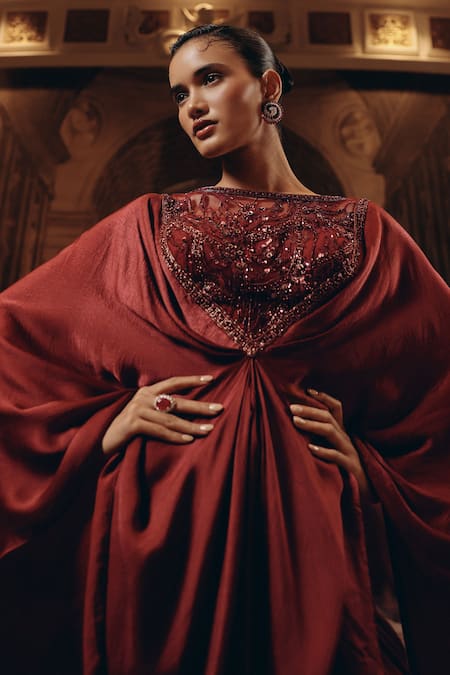 Buy_Adaara Couture_Burgundy Satin, Chiffon Embroidery, Sequins, Beads Boat Net And Kaftan With Cape _Online_at_Aza_Fashions