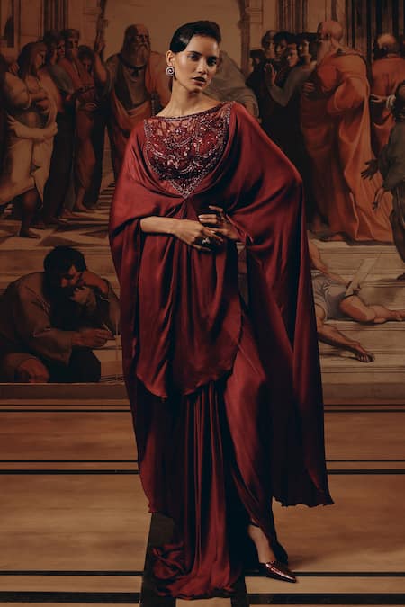 Shop_Adaara Couture_Burgundy Satin, Chiffon Embroidery, Sequins, Beads Boat Net And Kaftan With Cape _Online_at_Aza_Fashions