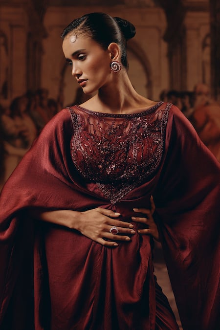 Adaara Couture_Burgundy Satin, Chiffon Embroidery, Sequins, Beads Boat Net And Kaftan With Cape _at_Aza_Fashions