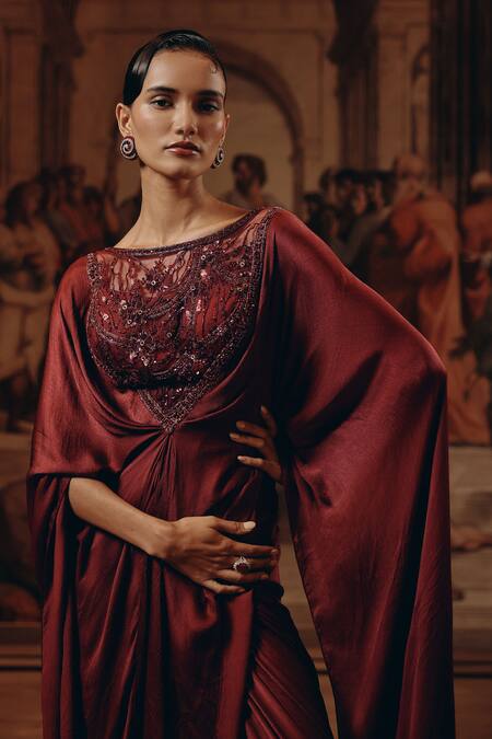 Buy_Adaara Couture_Burgundy Satin, Chiffon Embroidery, Sequins, Beads Boat Net And Kaftan With Cape 