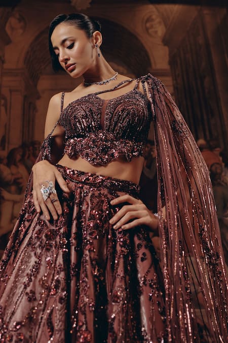 Adaara Couture_Pink Net, Satin, Crepe Sequins, Embroidery Embellished Lehenga And Strap Top _Online_at_Aza_Fashions