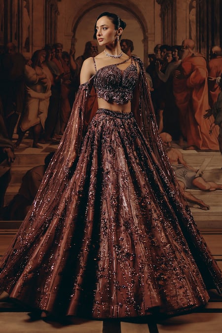 Buy_Adaara Couture_Pink Net, Satin, Crepe Sequins, Embroidery Embellished Lehenga And Strap Top _Online_at_Aza_Fashions