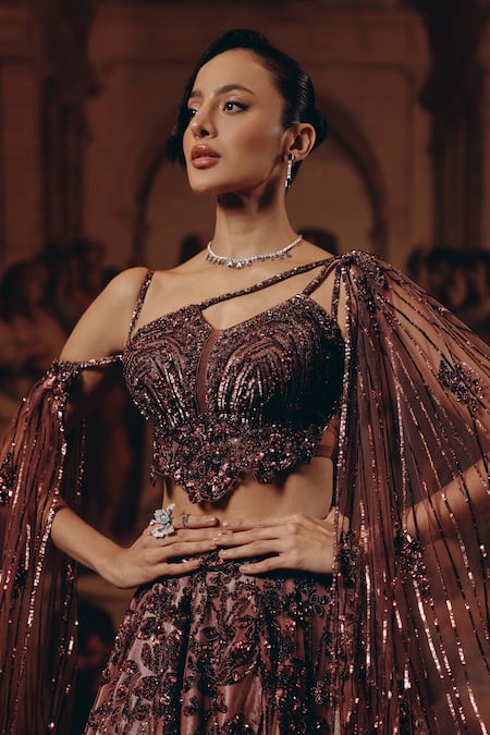 Shop_Adaara Couture_Pink Net, Satin, Crepe Sequins, Embroidery Embellished Lehenga And Strap Top _Online_at_Aza_Fashions