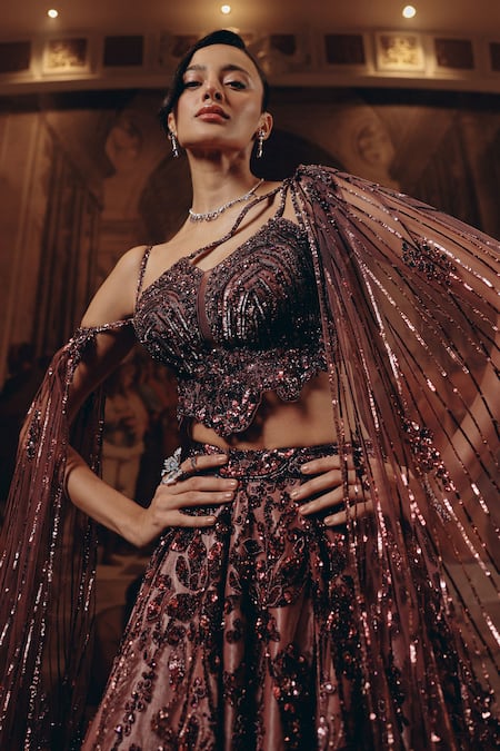 Adaara Couture_Pink Net, Satin, Crepe Sequins, Embroidery Embellished Lehenga And Strap Top _at_Aza_Fashions