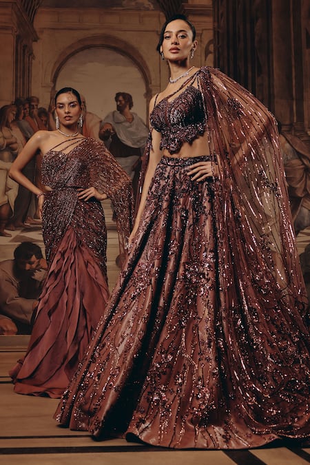 Buy_Adaara Couture_Pink Net, Satin, Crepe Sequins, Embroidery Embellished Lehenga And Strap Top 