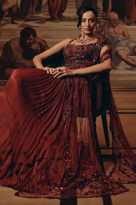 Buy_Adaara Couture_Burgundy Net, Satin, Chiffon, Silk Sequins, Embroidery Embellished Saree Gown _Online_at_Aza_Fashions