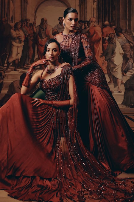 Shop_Adaara Couture_Burgundy Net, Satin, Chiffon, Silk Sequins, Embroidery Embellished Saree Gown _Online_at_Aza_Fashions