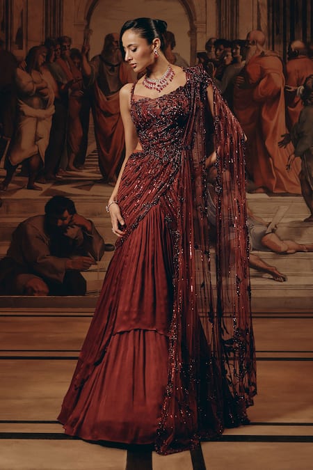 Adaara Couture_Burgundy Net, Satin, Chiffon, Silk Sequins, Embroidery Embellished Saree Gown _at_Aza_Fashions