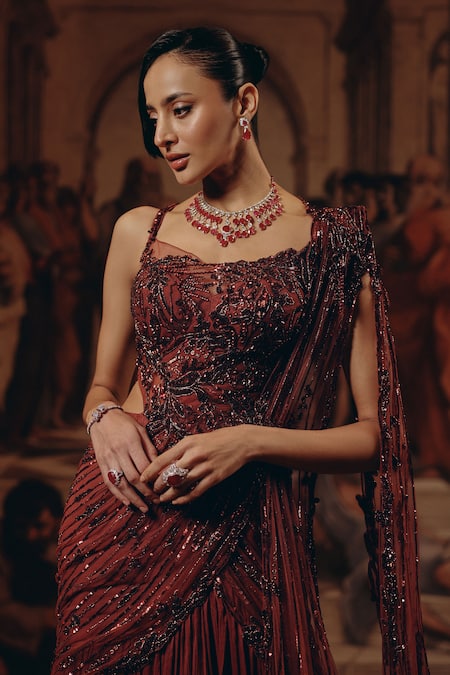 Buy_Adaara Couture_Burgundy Net, Satin, Chiffon, Silk Sequins, Embroidery Embellished Saree Gown 