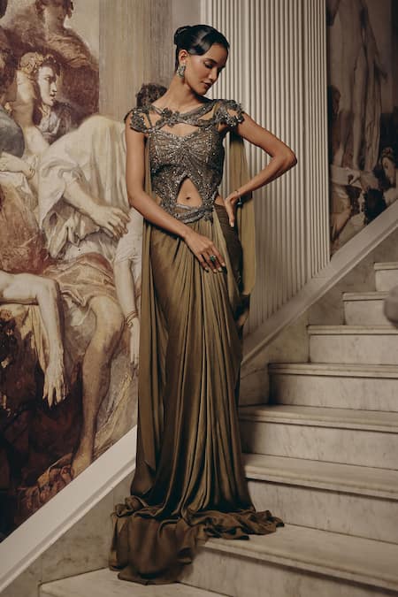 Adaara Couture_Olive Green Satin, Chiffon, Net Embellished Cut-out Gown With Draped Skirt _Online_at_Aza_Fashions